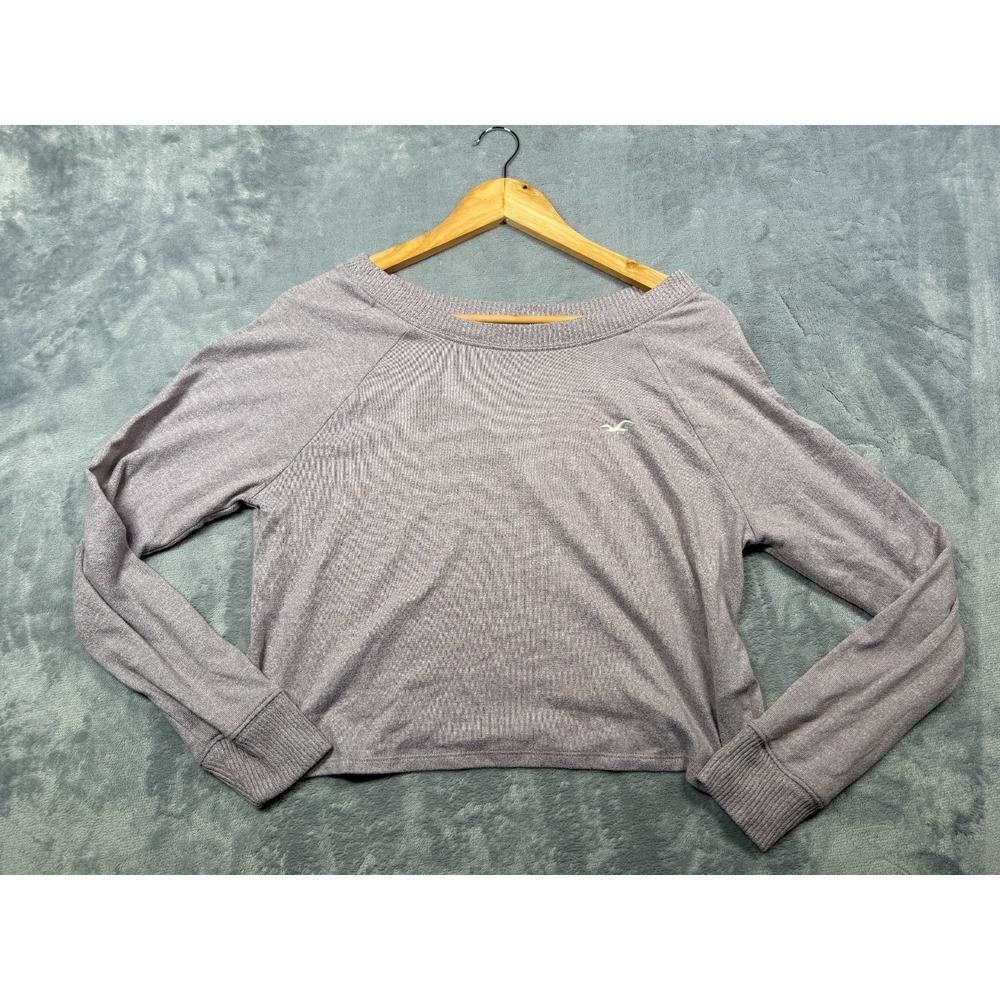 Hollister Crop Sweater Womens XS Heather Gray Seagull Logo Long Sleeve Boat Neck